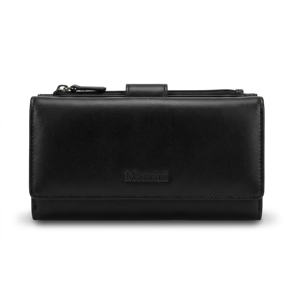 Front view of a Mancini Equestrian-2 black leather trifold wallet for ladies on a white background.