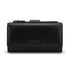 Front view of a Mancini Equestrian-2 black leather trifold wallet for ladies on a white background.