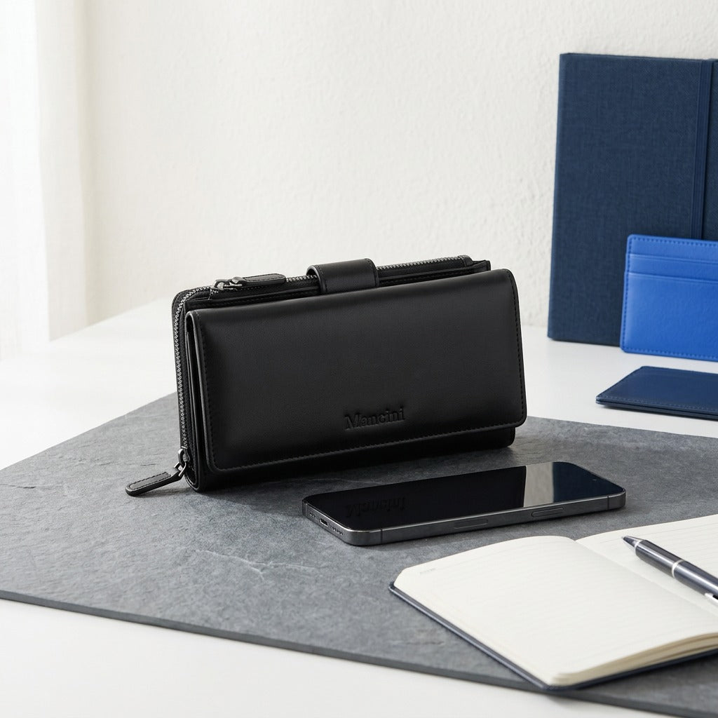 Black Mancini Equestrian-2 Leather Wallet shown next to a smartphone and notebook for scale.