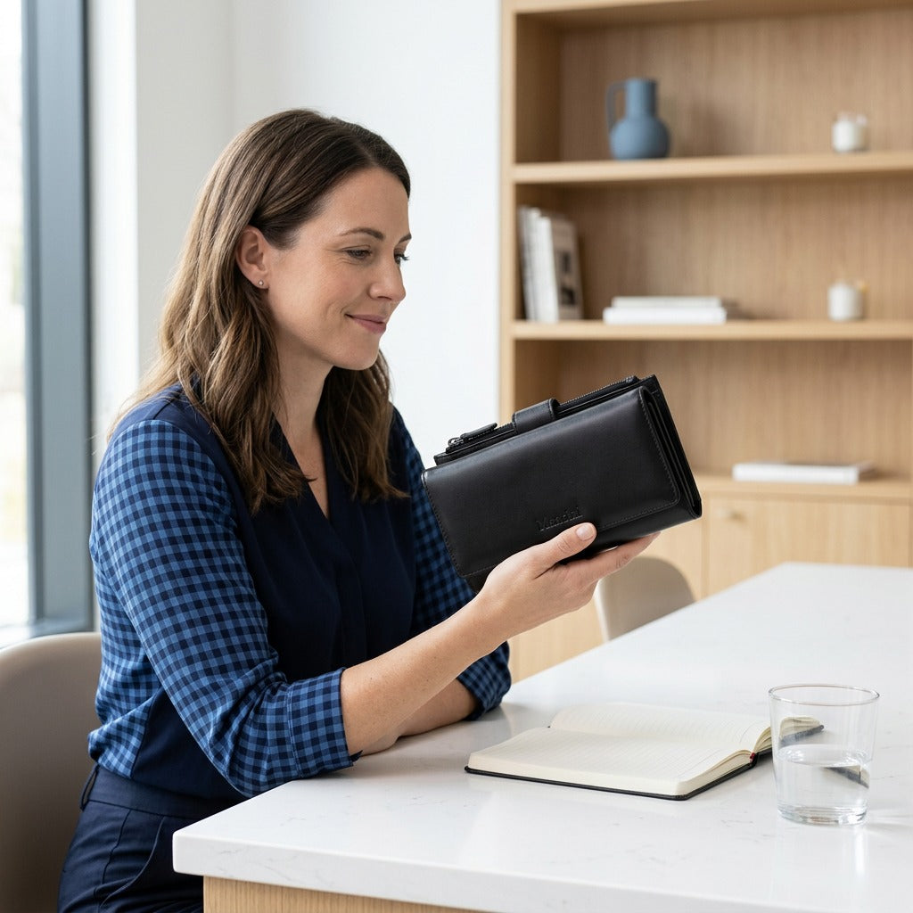 A professional woman holds the Mancini black leather trifold wallet at a white desk in an office.