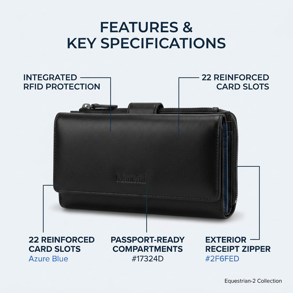 Black Mancini trifold leather wallet diagram highlighting RFID protection and 22 card slots.