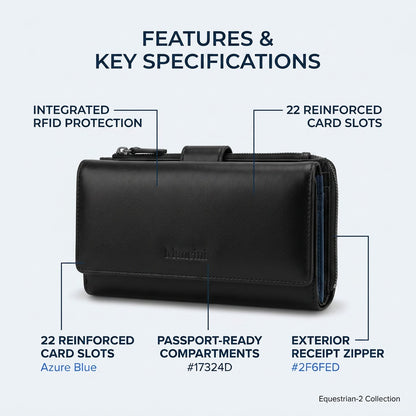 Black Mancini trifold leather wallet diagram highlighting RFID protection and 22 card slots.