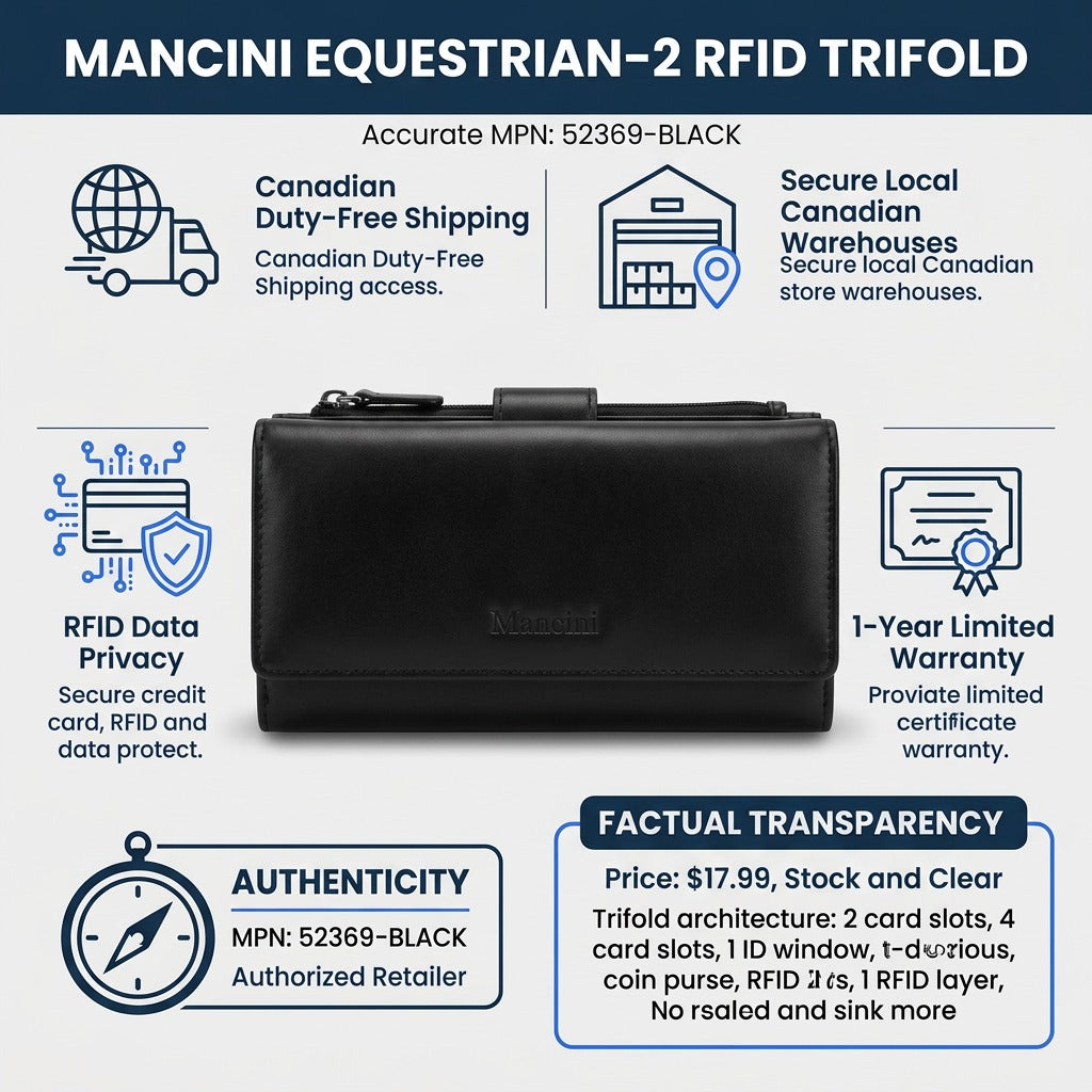 Black Mancini Equestrian-2 RFID leather trifold wallet displayed with trust icons and shipping info.