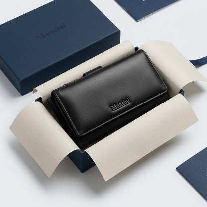 Black Mancini Equestrian-2 leather trifold wallet inside its gift box with premium tissue lining.