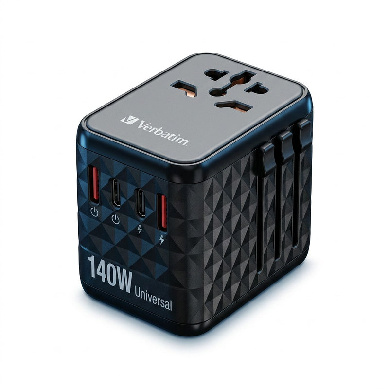 Verbatim UTA-10 Universal Travel Adapter in black with 140W USB-C ports and multi-region AC outlet.