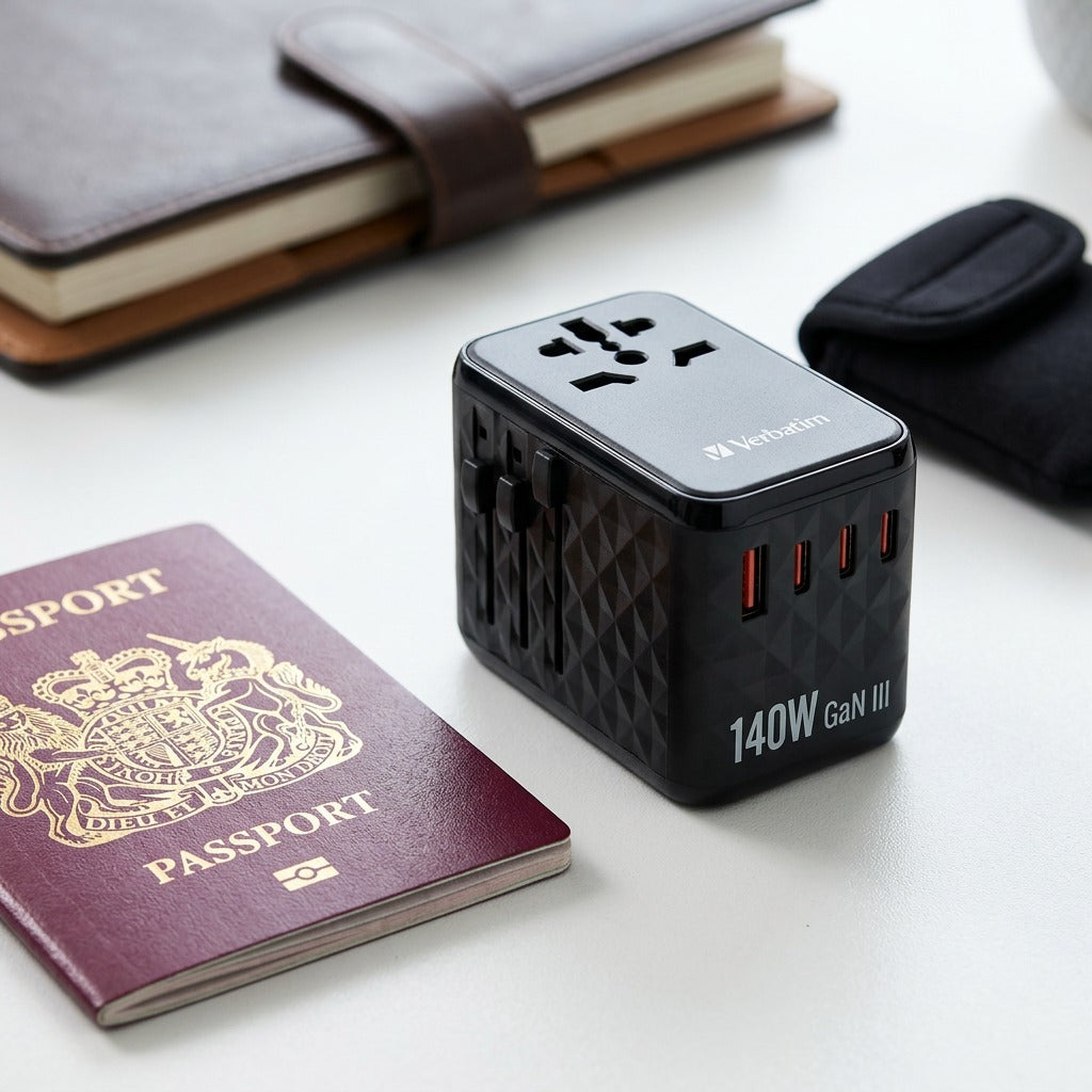 Verbatim UTA-10 travel adapter shown next to a passport for size reference on a white desk.