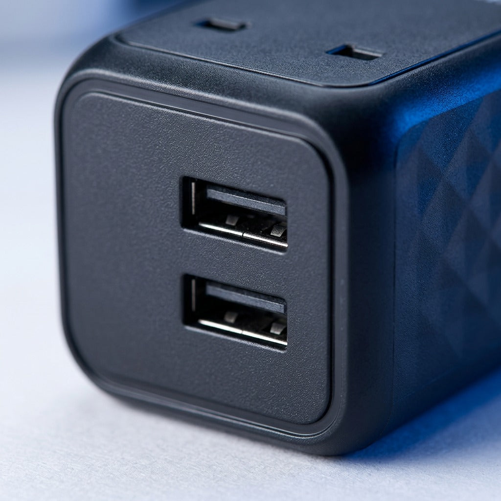 Macro view of the Verbatim Universal Travel Adapter UTA-10 showing dual USB-A ports and matte finish.
