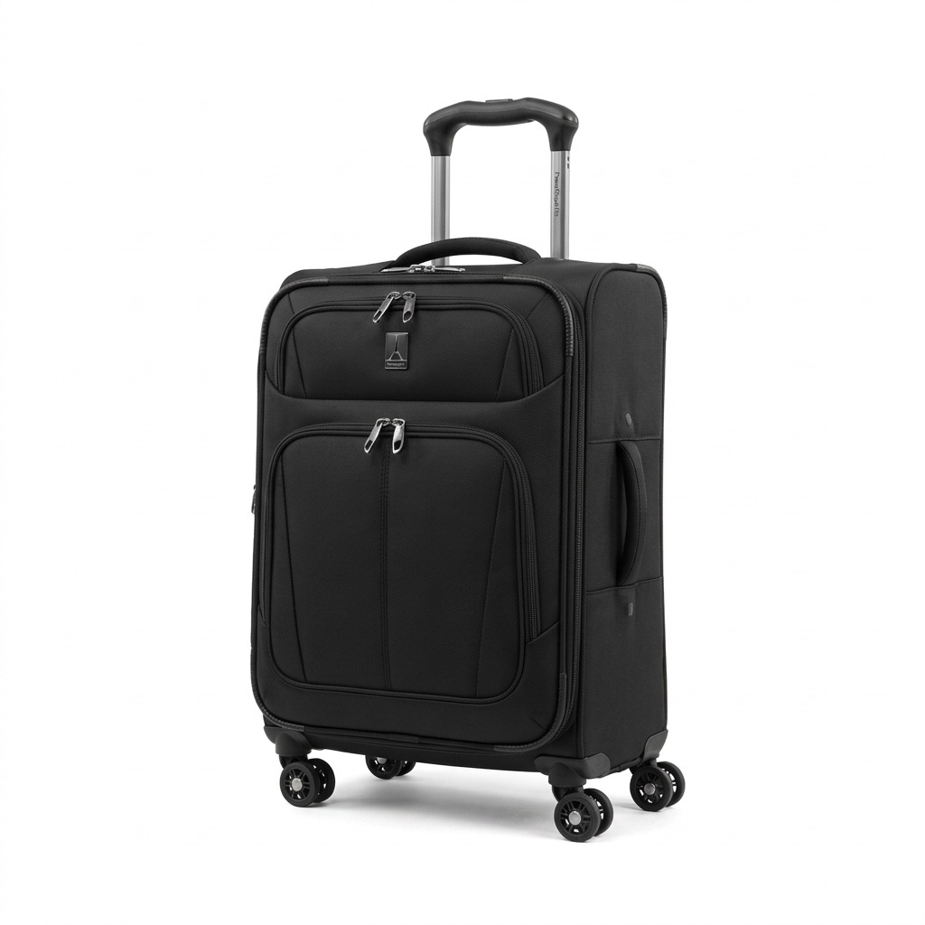 Black Travelpro Maxlite 5 International Carry-On spinner luggage with four wheels on white.