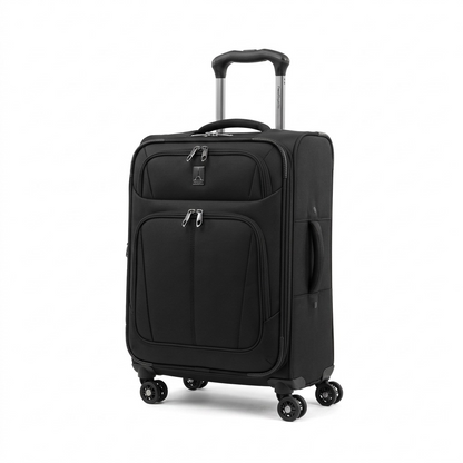 Black Travelpro Maxlite 5 International Carry-On spinner luggage with four wheels on white.