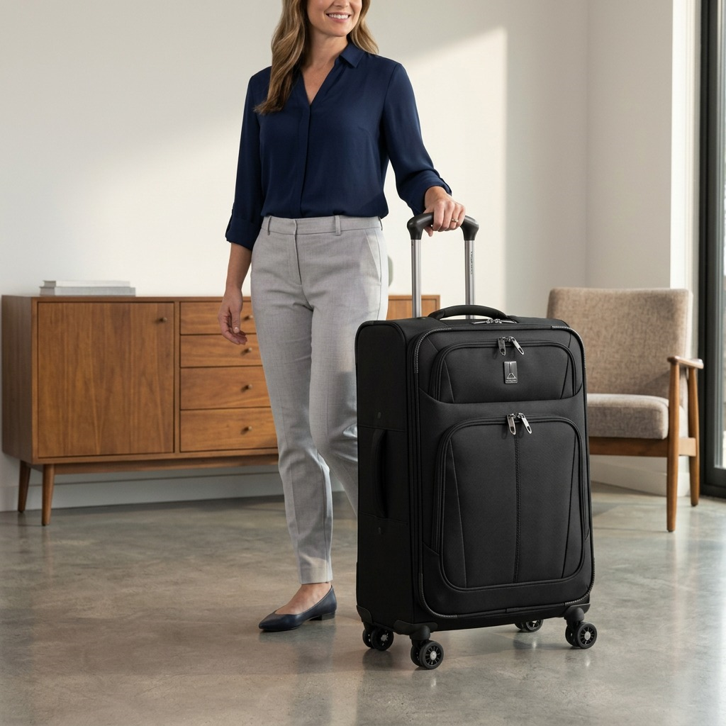 A woman stands beside the Travelpro Maxlite 5 International Carry-On Spinner in black for scale.