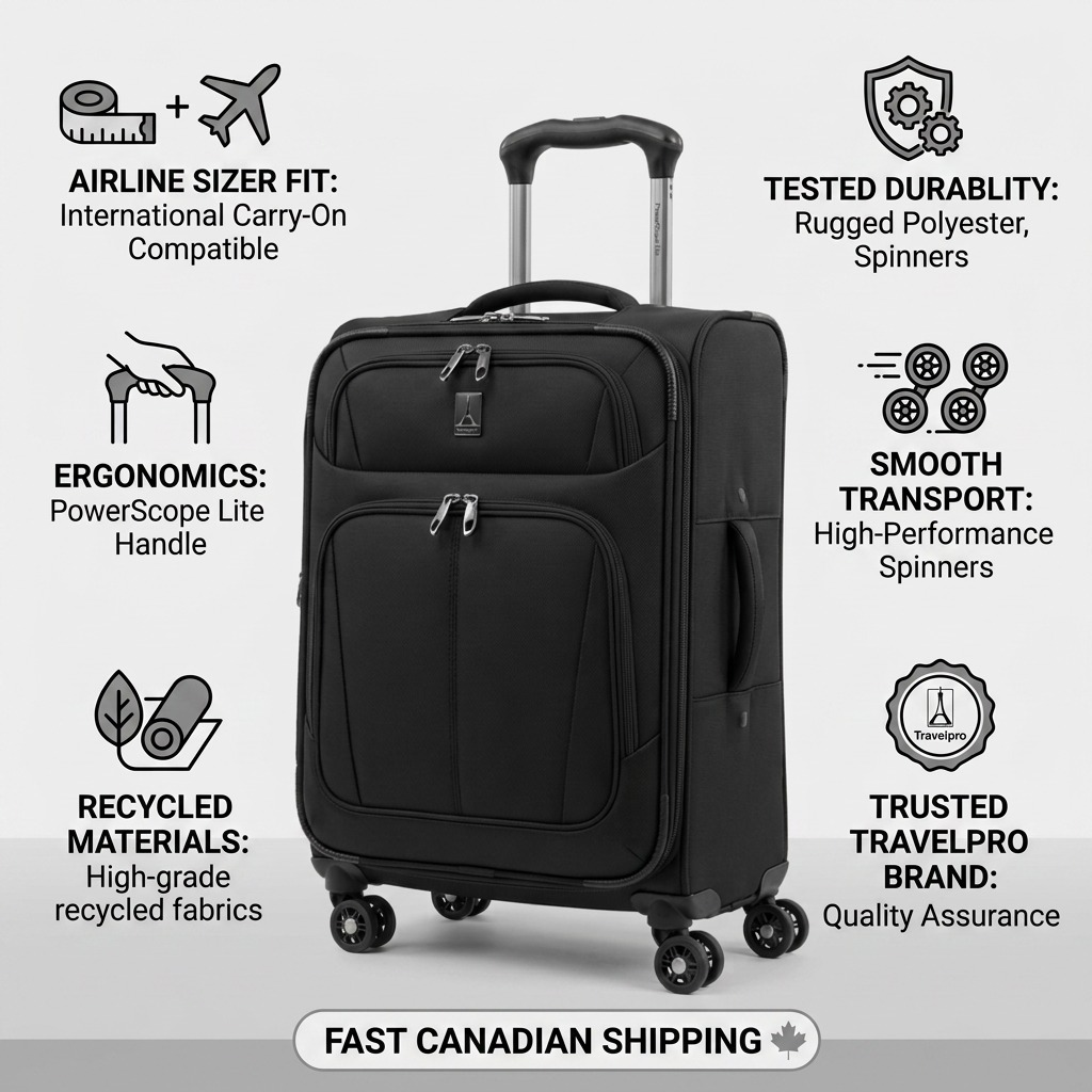 Travelpro Maxlite 5 Carry-On infographic highlighting airline sizer fit, durability, and smooth spinners.