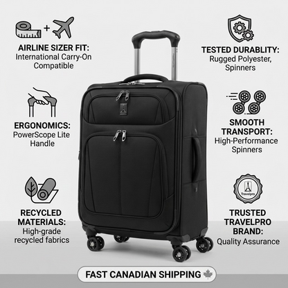 Travelpro Maxlite 5 Carry-On infographic highlighting airline sizer fit, durability, and smooth spinners.