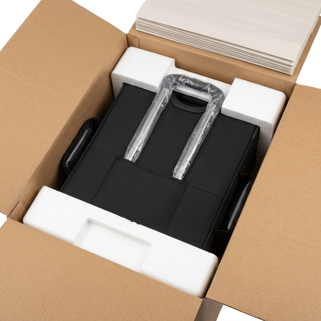 Travelpro Maxlite 5 carry-on luggage securely packed in a shipping box with foam protection.