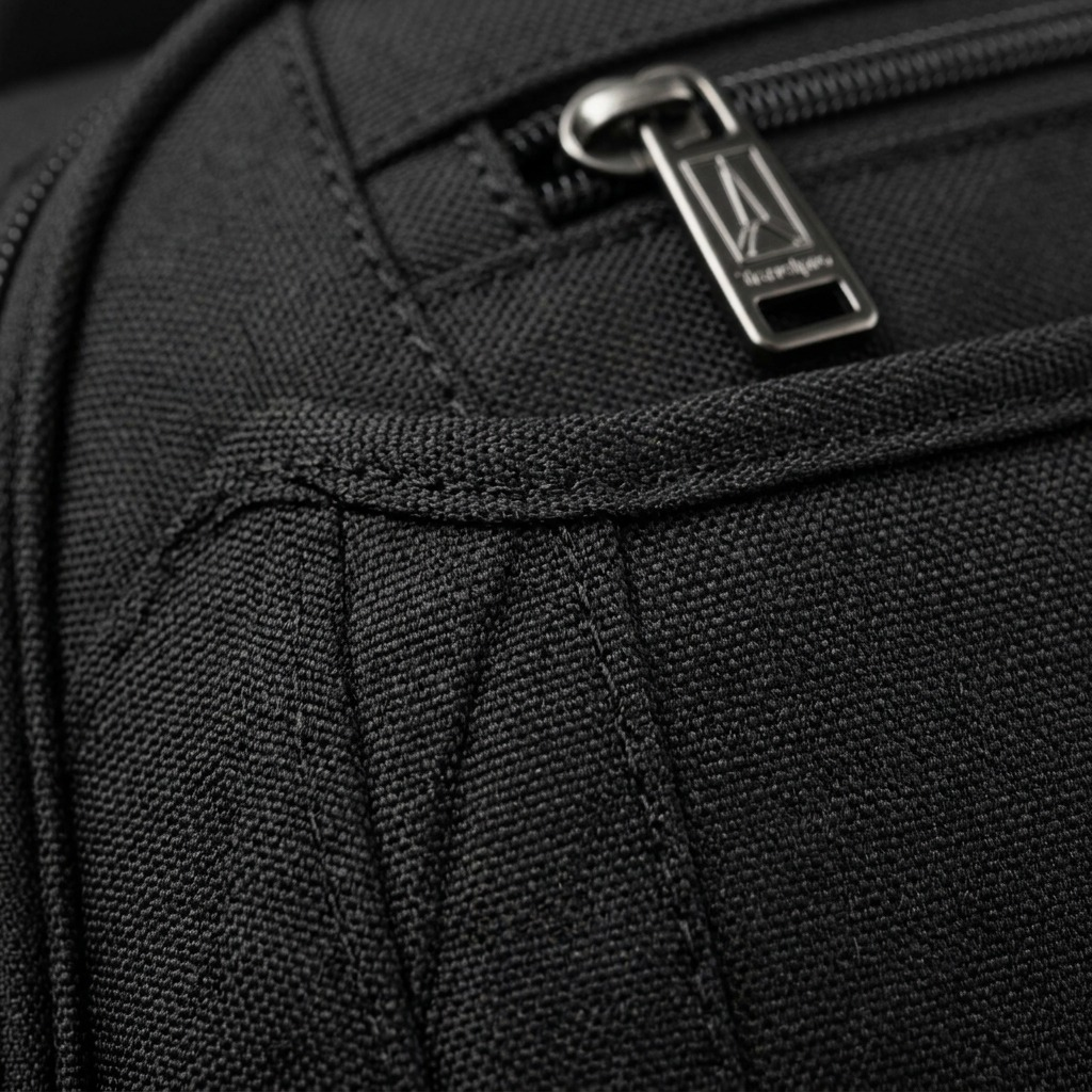 Macro detail of black Travelpro Maxlite fabric texture, durable stitching, and metal zipper pull.