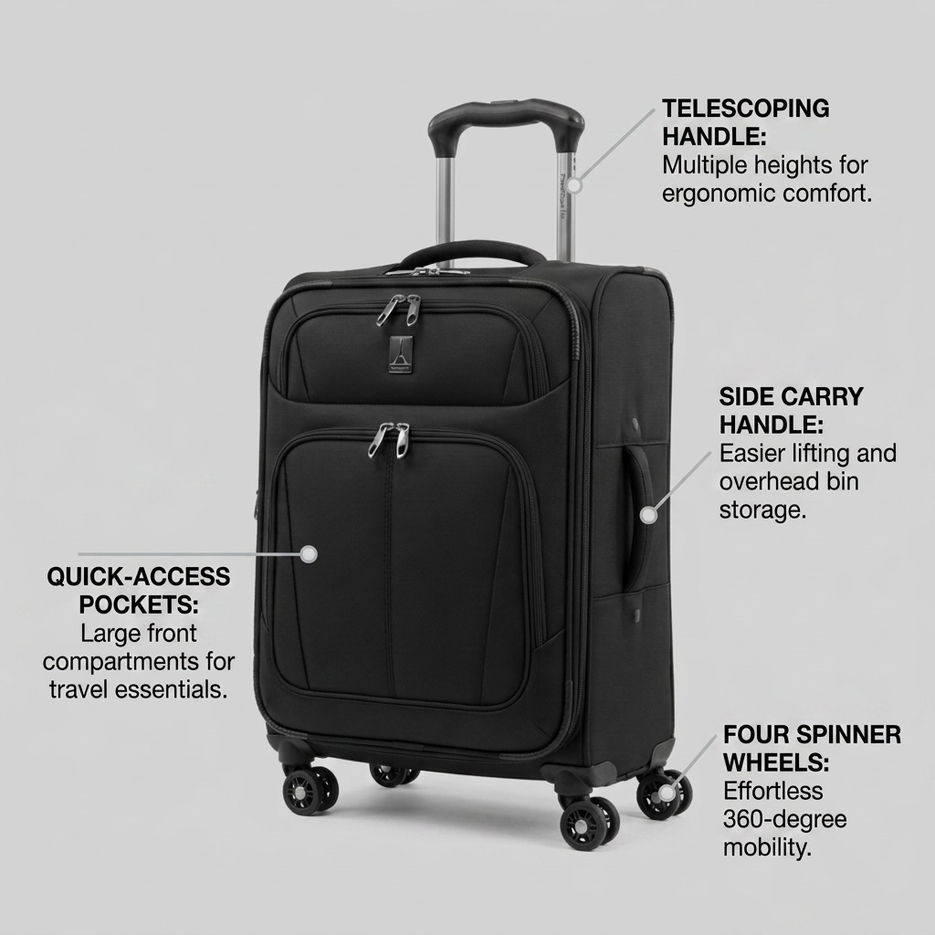 Feature diagram of the Black Travelpro Maxlite 5 Spinner detailing its wheels and handles.