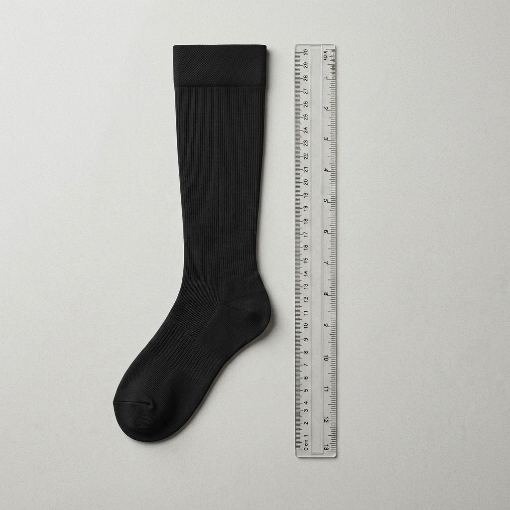 A black Austin House Large Compression Sock shown next to a 30cm ruler for scale reference.
