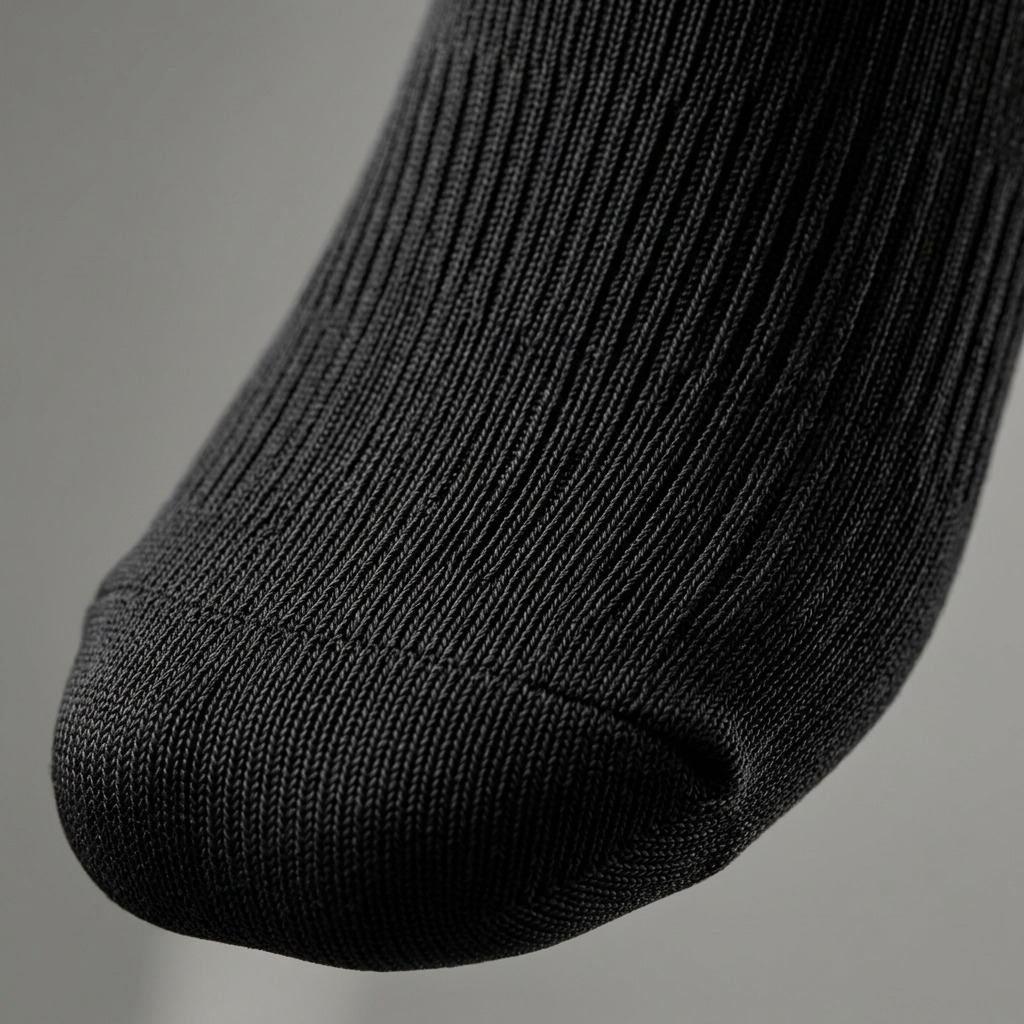 Macro detail of black Austin House compression socks showing the reinforced toe and rib knit texture.