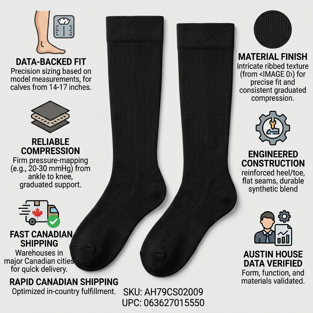 Austin House Large Compression Socks infographic highlighting graduated fit and fast Canadian shipping.
