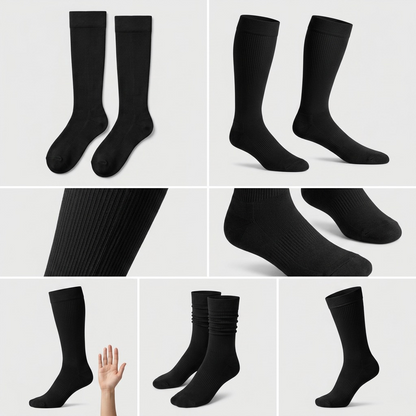 Grid display of Austin House black compression socks showing various angles and ribbed texture.