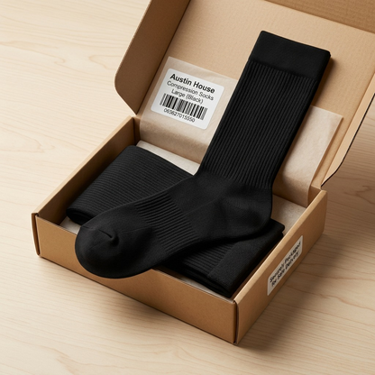 Austin House Large Compression Socks in black, neatly folded inside a brown shipping delivery box.