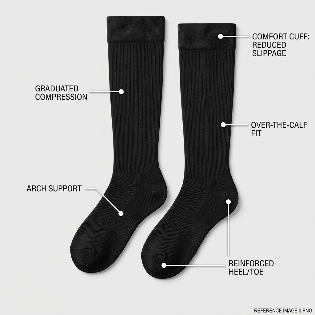 Austin House black compression socks showing graduated compression, arch support, and comfort cuff.