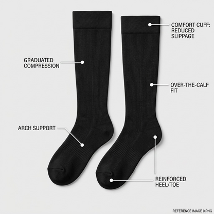 Austin House black compression socks showing graduated compression, arch support, and comfort cuff.