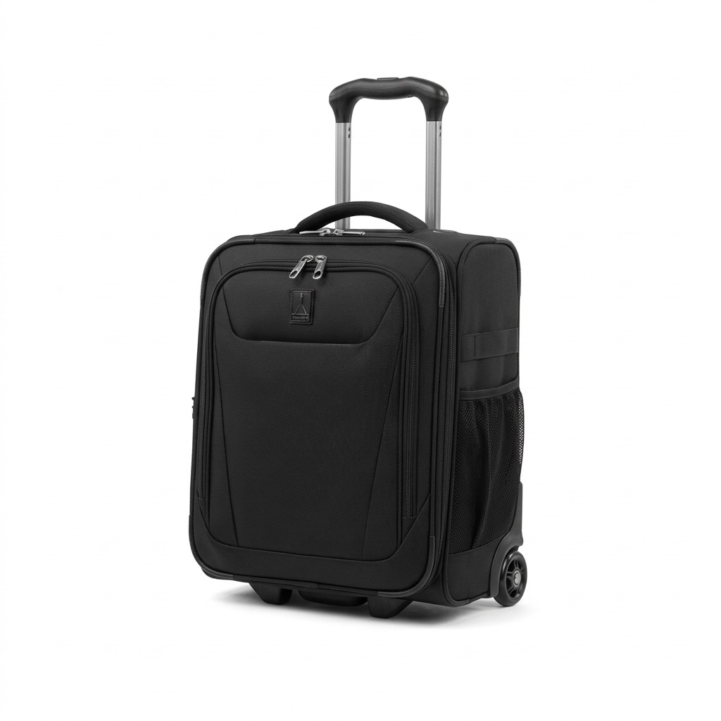 Black Travelpro Maxlite 5 Underseat Bag, a compact rolling carry-on with a telescopic handle.