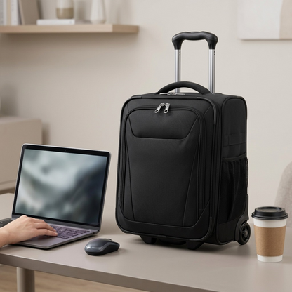 Black Travelpro Maxlite 5 Underseat Bag on a desk next to a laptop and coffee for scale reference.