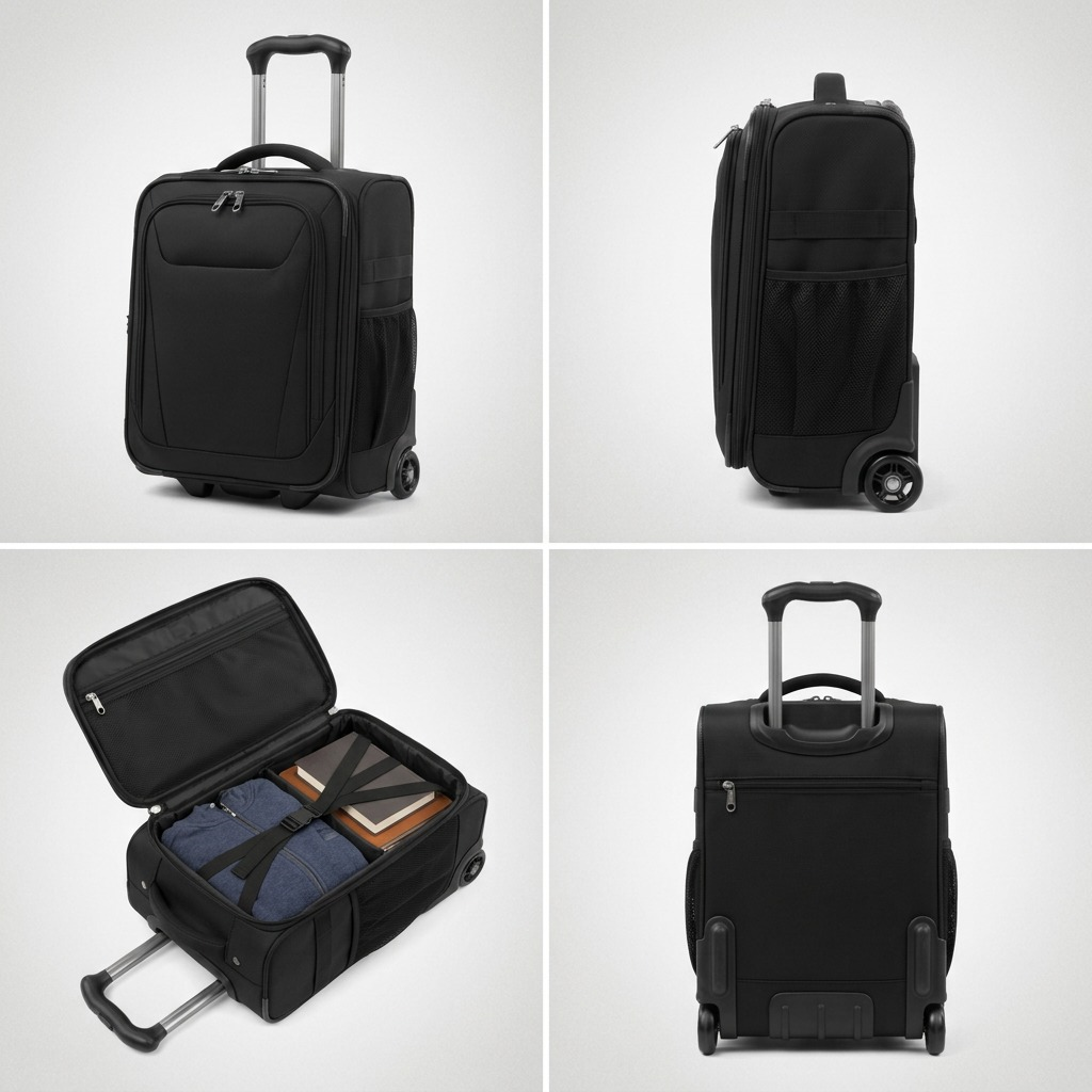 Travelpro Maxlite 5 Underseat Bag in black shown from front, side, back, and open interior views.