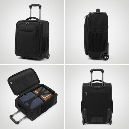 Travelpro Maxlite 5 Underseat Bag in black shown from front, side, back, and open interior views.