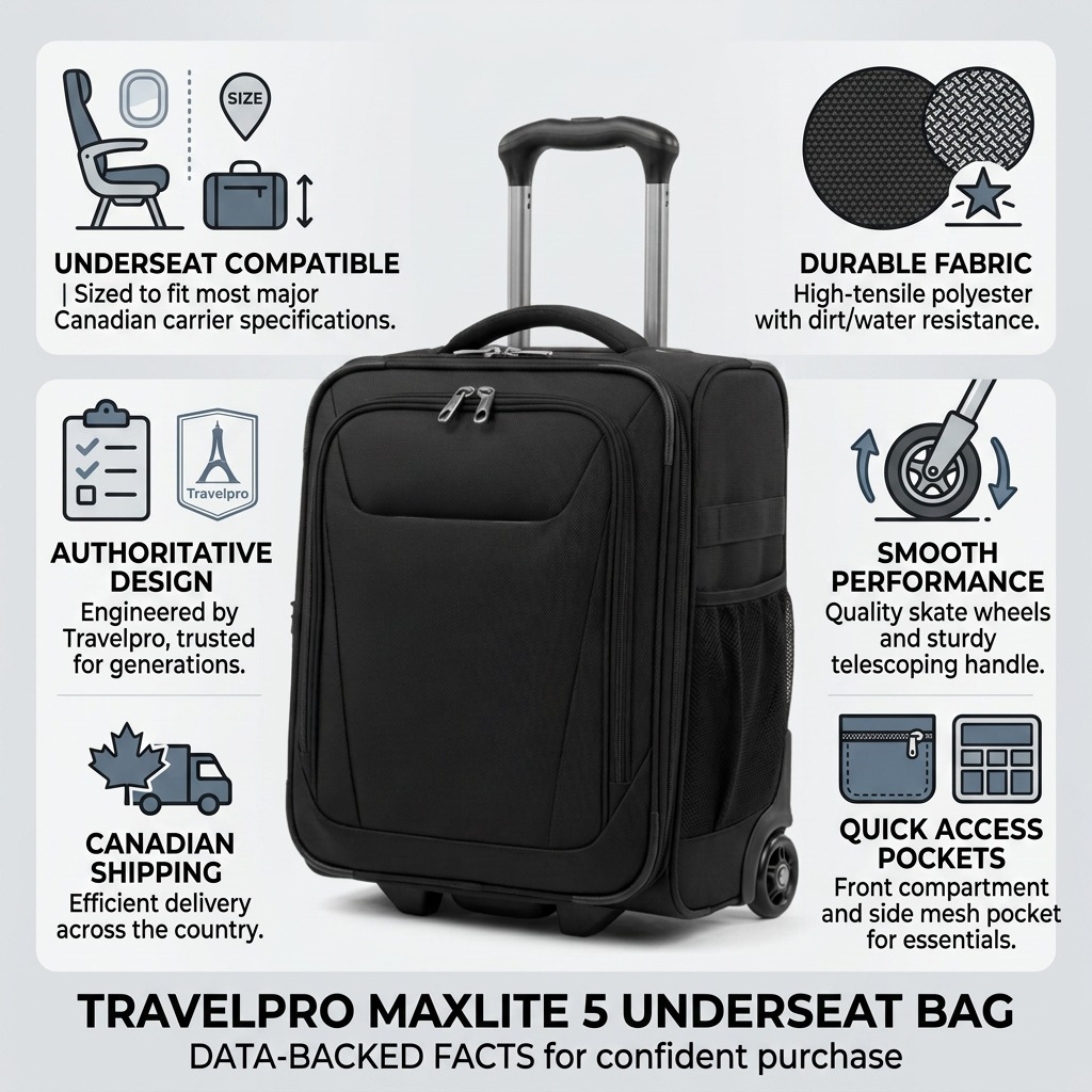 Travelpro Maxlite 5 Underseat Bag infographic detailing features like durable fabric, skate wheels, and Canadian shipping.