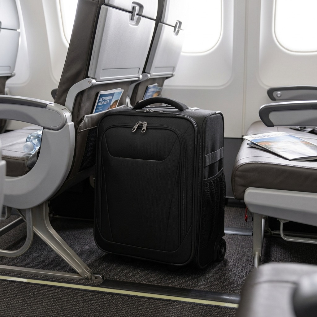 Black Travelpro Maxlite 5 rolling underseat bag placed on the carpeted floor of an airplane cabin.