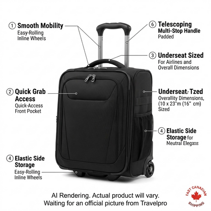 Travelpro Maxlite 5 Underseat Bag in black with labels for wheels, handle, pockets, and dimensions.