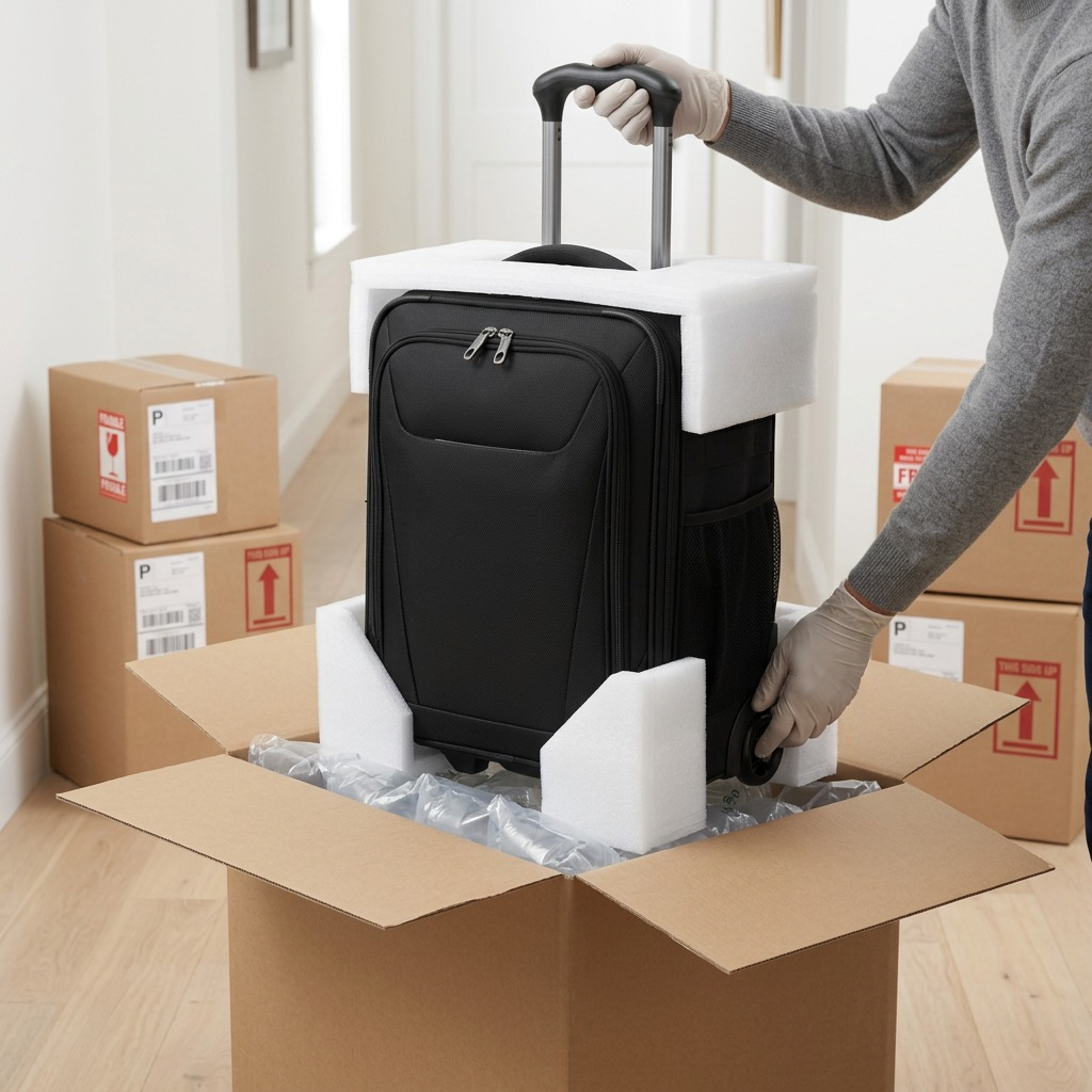 A black Travelpro Maxlite 5 Underseat Bag being carefully unboxed from a secure shipping carton.