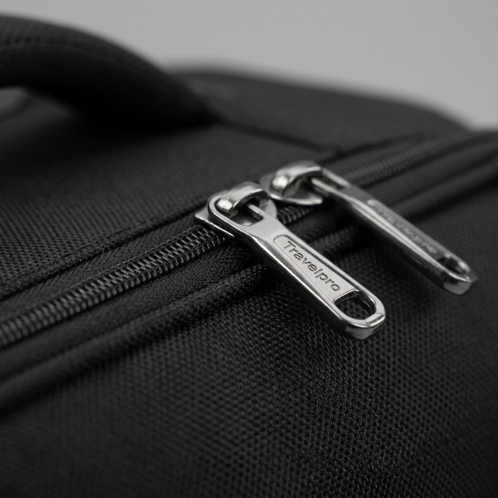 Macro detail of the Travelpro Maxlite 5 Underseat Bag showing durable zipper pulls and black fabric.