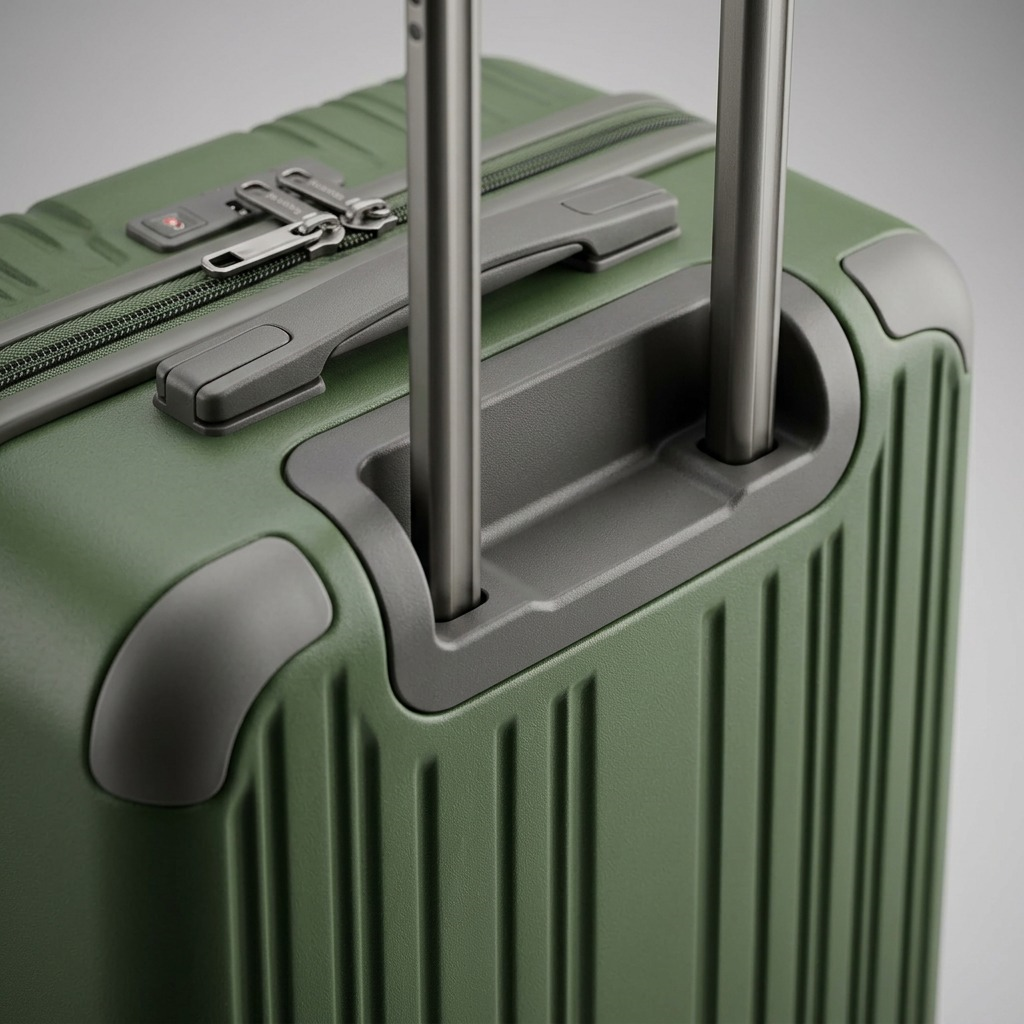 Close-up of a dark green Bugatti Birmingham spinner showing the telescopic handle and TSA lock.