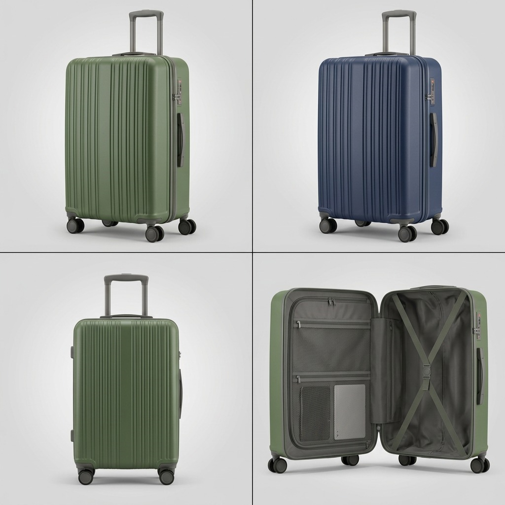 Grid showing Bugatti Birmingham suitcases in green and blue with various angles and interior view.