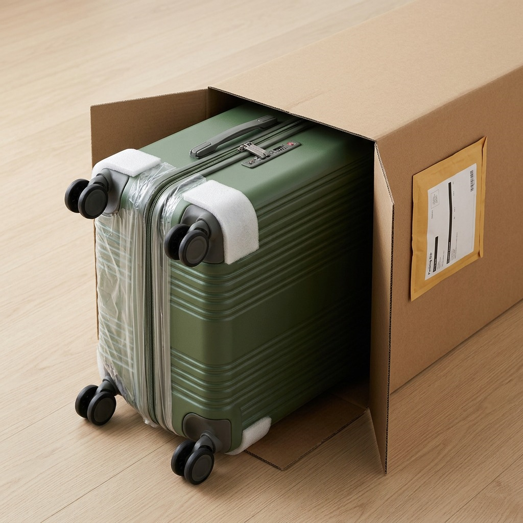 Unboxing a green Bugatti Birmingham 28-inch spinner luggage from a protective shipping box.