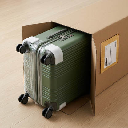 Unboxing a green Bugatti Birmingham 28-inch spinner luggage from a protective shipping box.