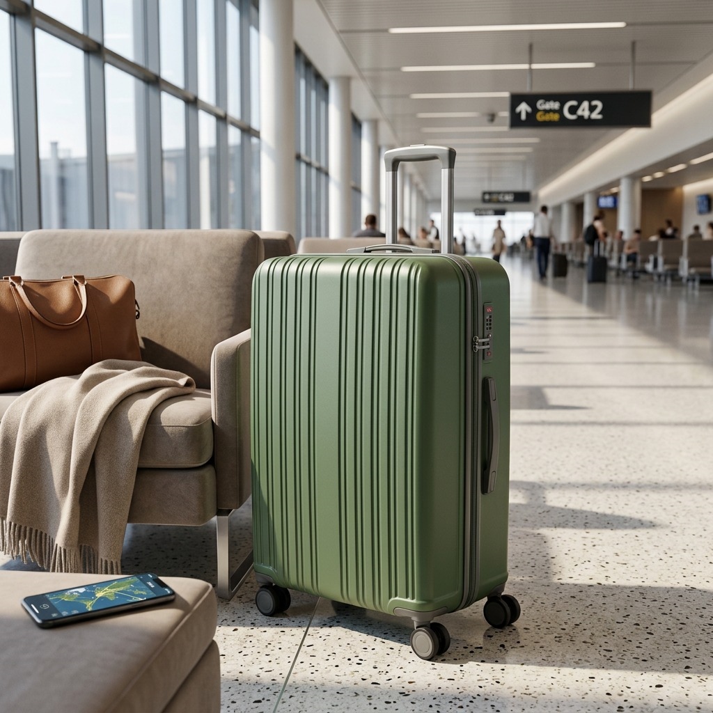 A dark green Bugatti Birmingham 28-inch hardside spinner suitcase standing in an airport terminal.