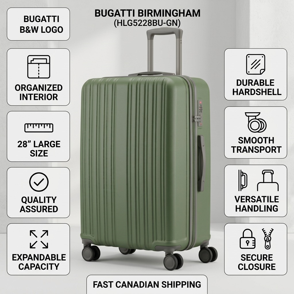Dark green Bugatti Birmingham 28-inch hardside spinner suitcase with feature icons and shipping info.