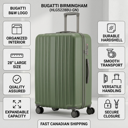 Dark green Bugatti Birmingham 28-inch hardside spinner suitcase with feature icons and shipping info.