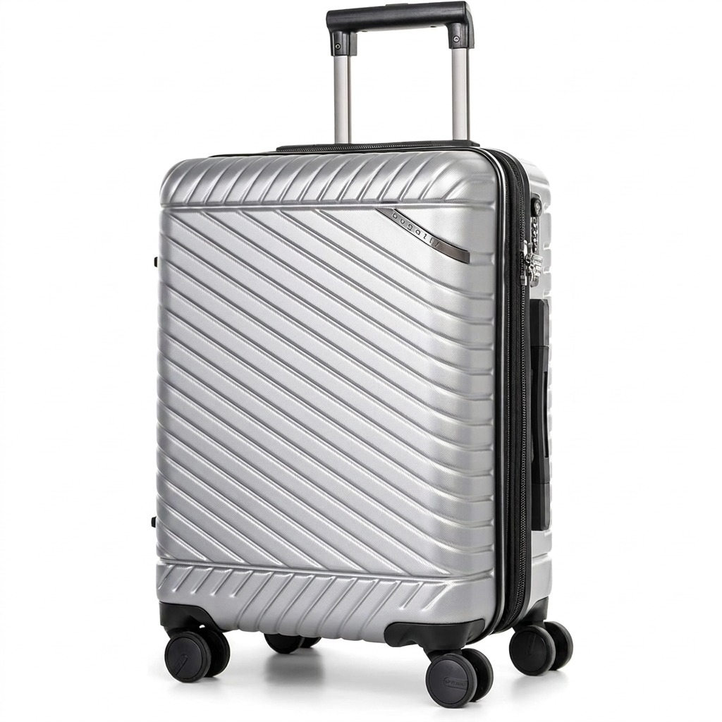 Silver Bugatti Oslo carry-on luggage with textured polycarbonate shell, telescoping handle, and spinner wheels.