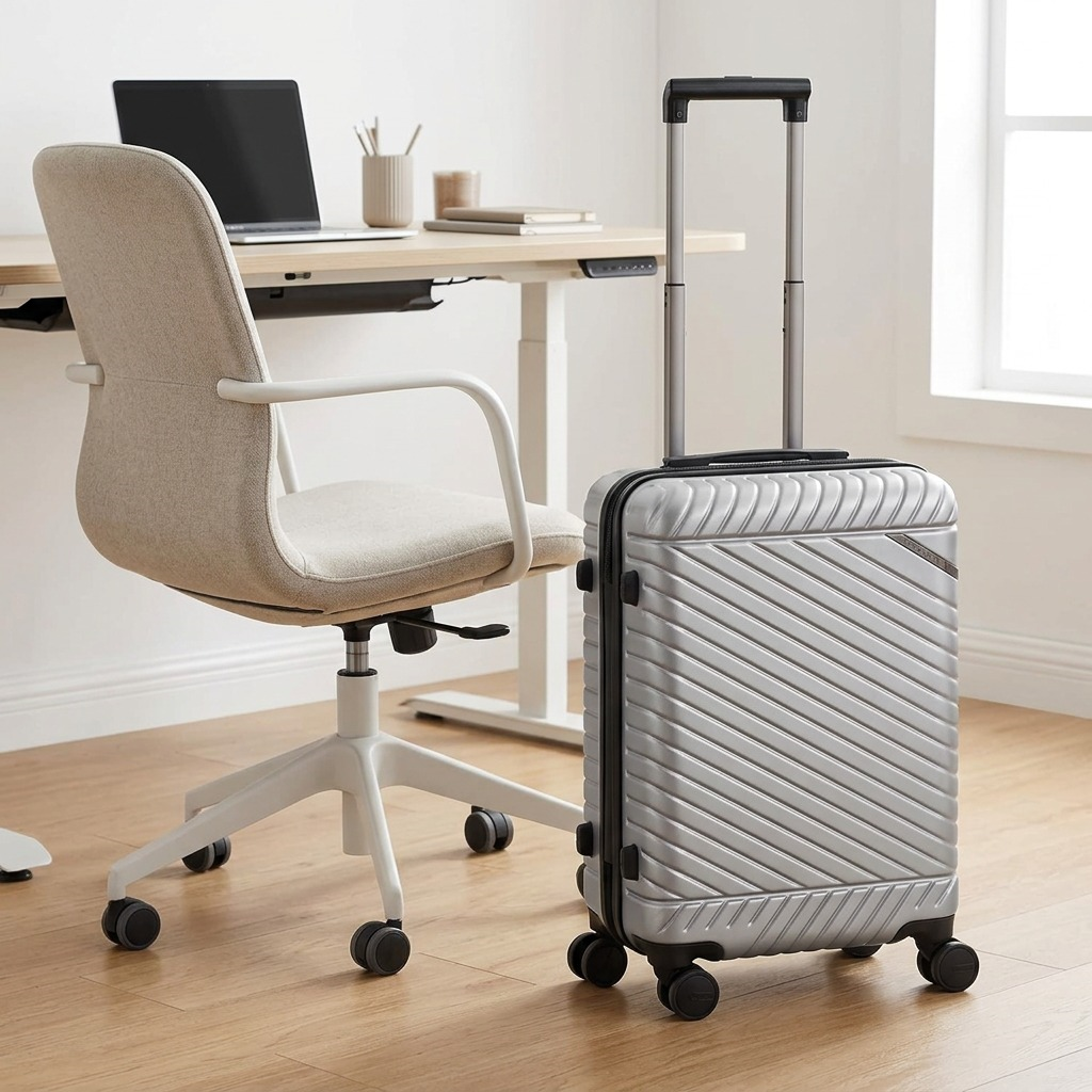 Silver Bugatti Oslo carry-on luggage beside a modern desk and chair for size comparison.