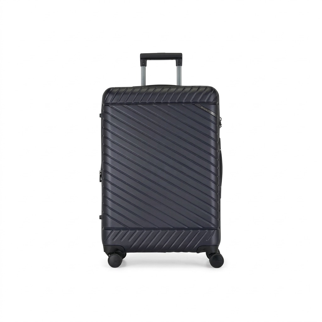 Bugatti Oslo 24-inch navy blue hardside spinner luggage with textured diagonal ridges and handle.