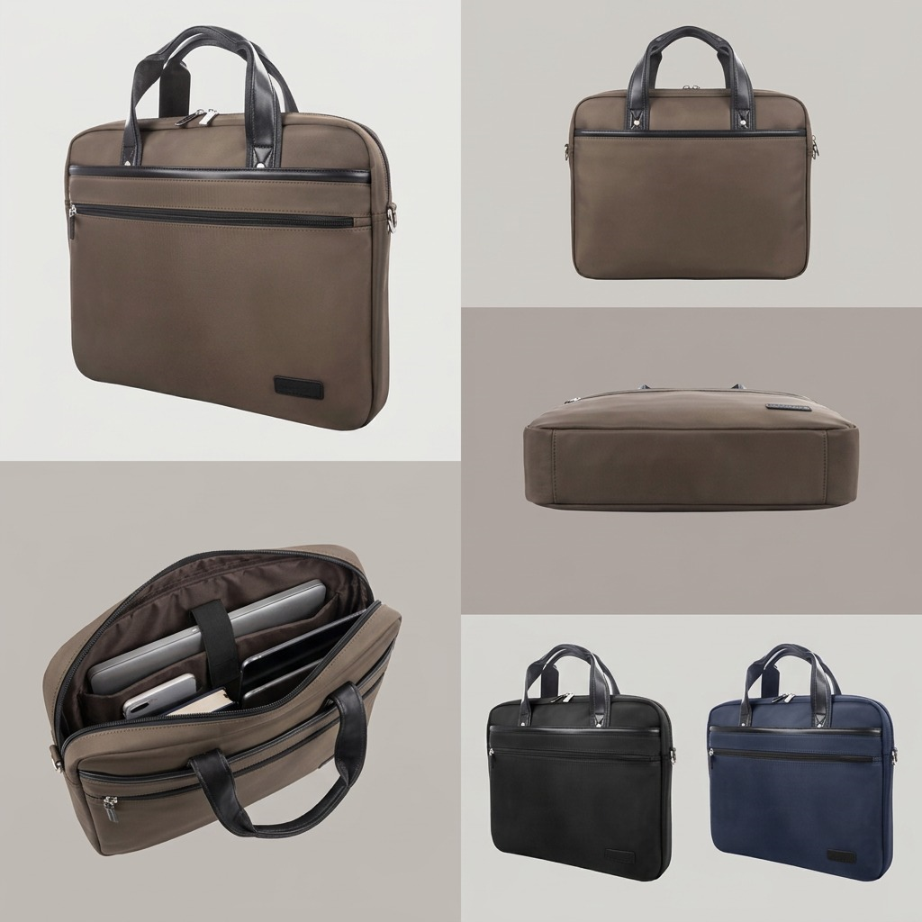 Grid of Bugatti Moretti Briefcase views including khaki laptop storage, bottom, and color variants.
