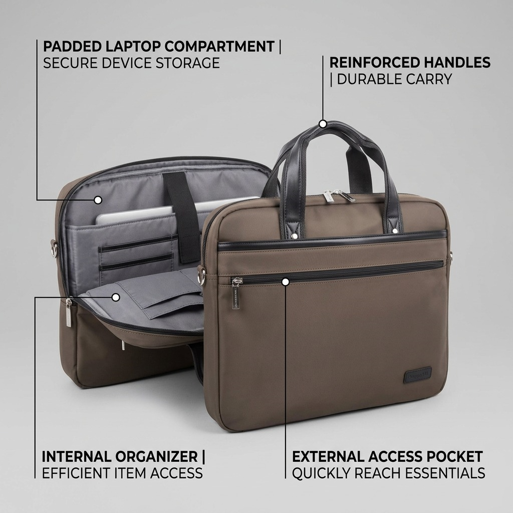 Bugatti Moretti Briefcase in khaki showing a padded laptop sleeve, organizer, and reinforced handles.