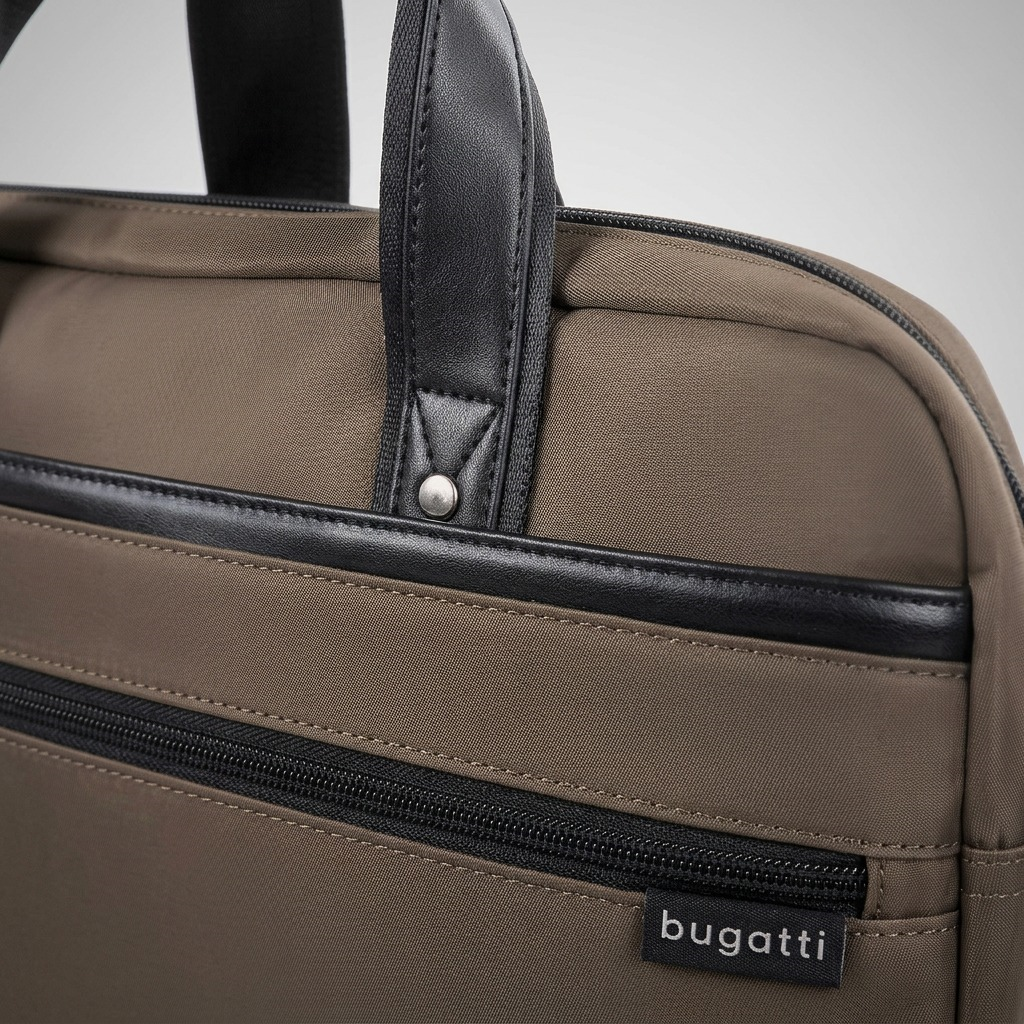 Macro detail of the Bugatti Moretti briefcase in khaki nylon with black trim and reinforced handle.