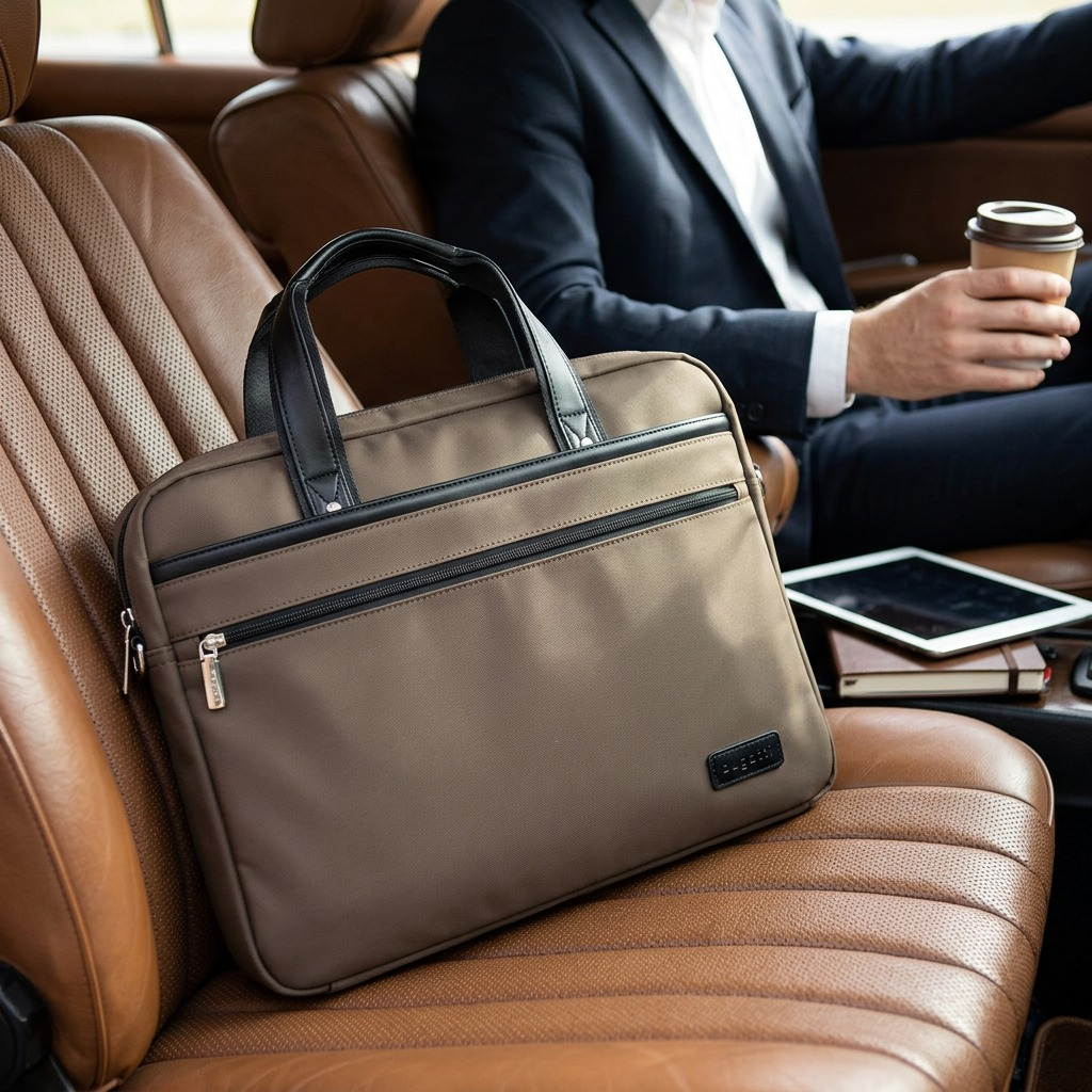 Khaki Bugatti Moretti 15.6 inch laptop briefcase resting on a brown leather car seat during commute.
