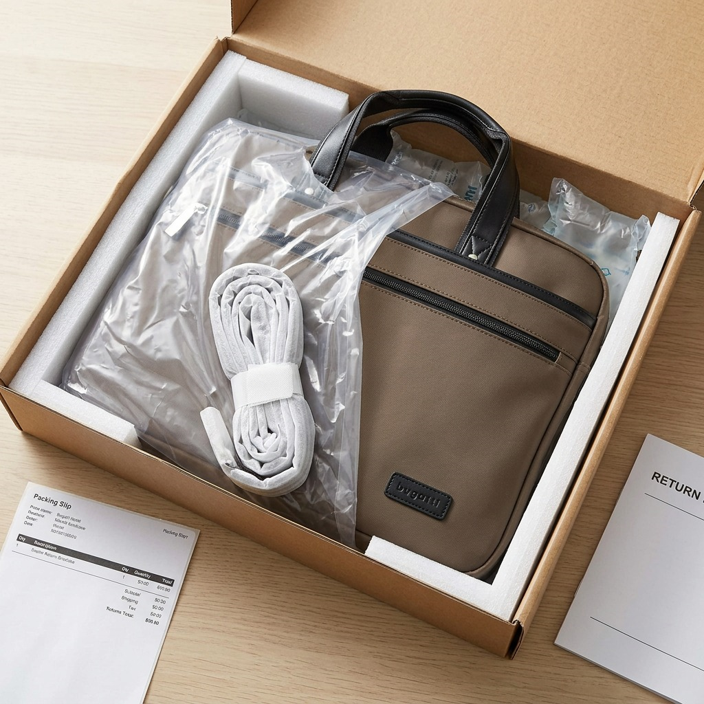 Khaki Bugatti Moretti briefcase securely packed in a shipping box with foam and air pillows.